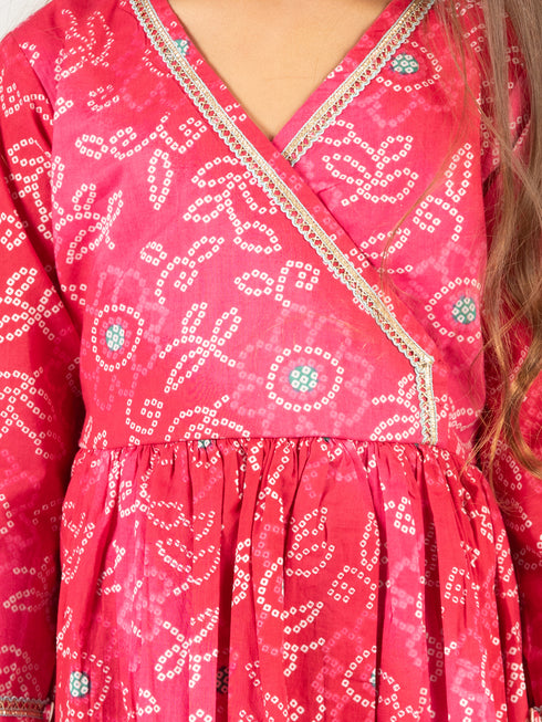 Girl's' Pink Color Bandhnai Print Angrakha Style Dress
