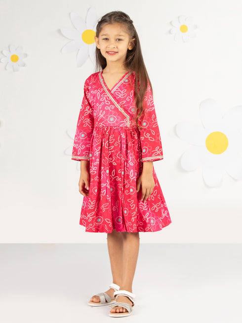 Girl's' Pink Color Bandhnai Print Angrakha Style Dress