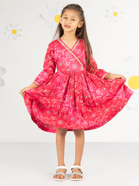 Girl's' Pink Color Bandhnai Print Angrakha Style Dress