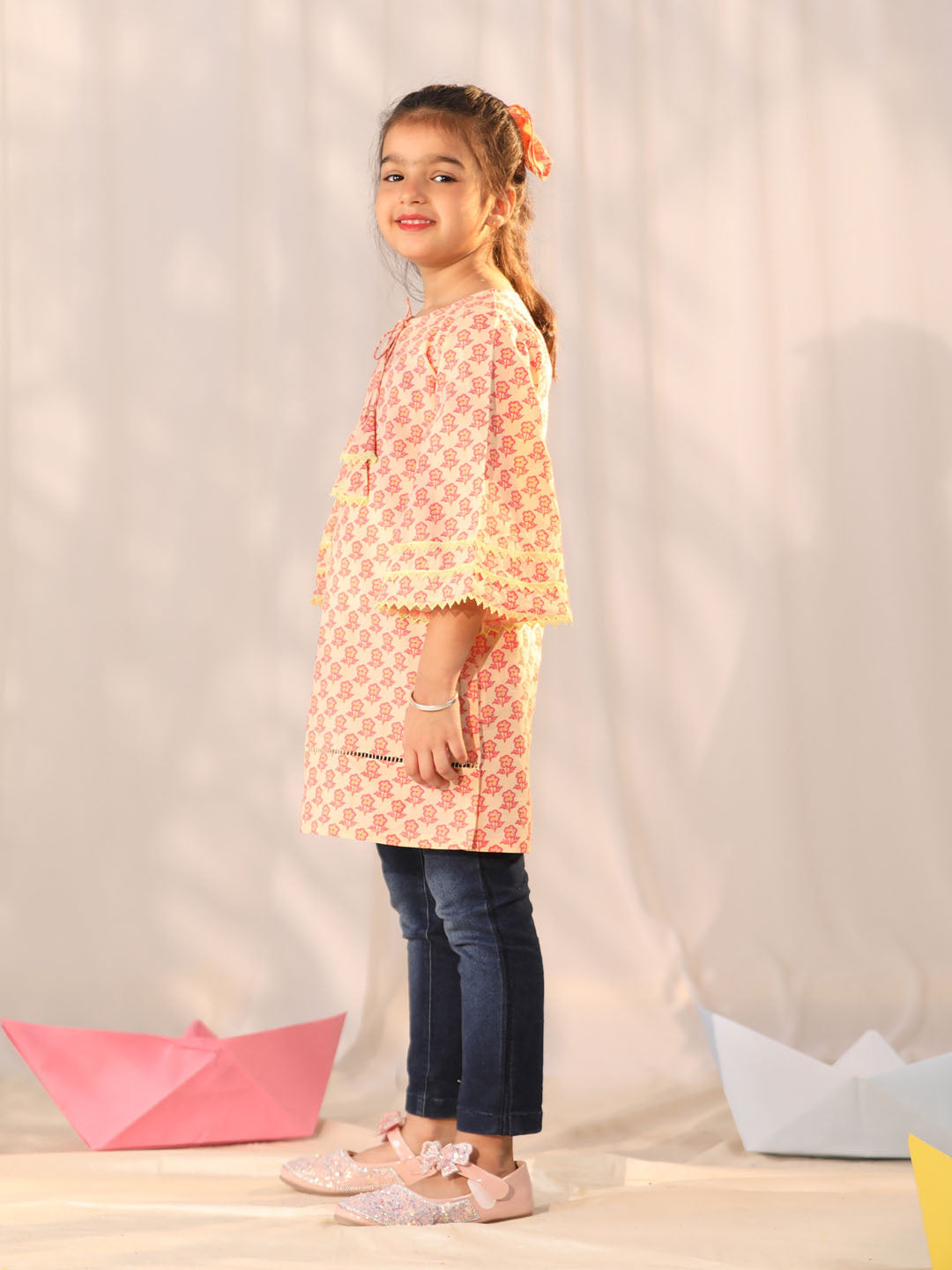 Girl's' Peach Cotton Printed Kurta