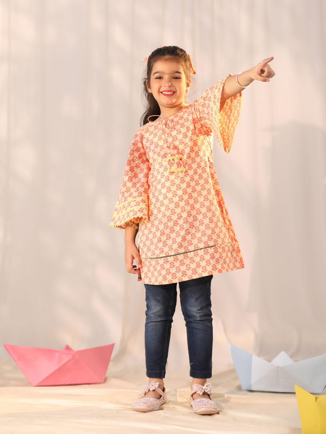 Girl's' Peach Cotton Printed Kurta