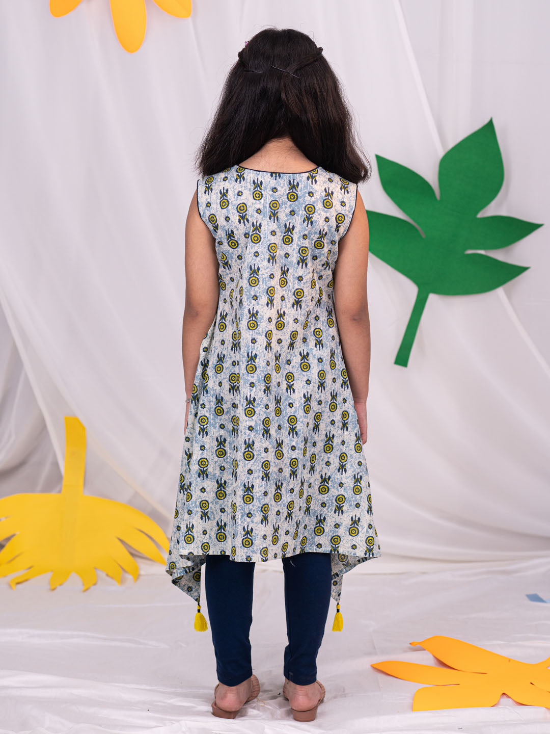 Girl's' Blue Printed Kurta Leggings Set