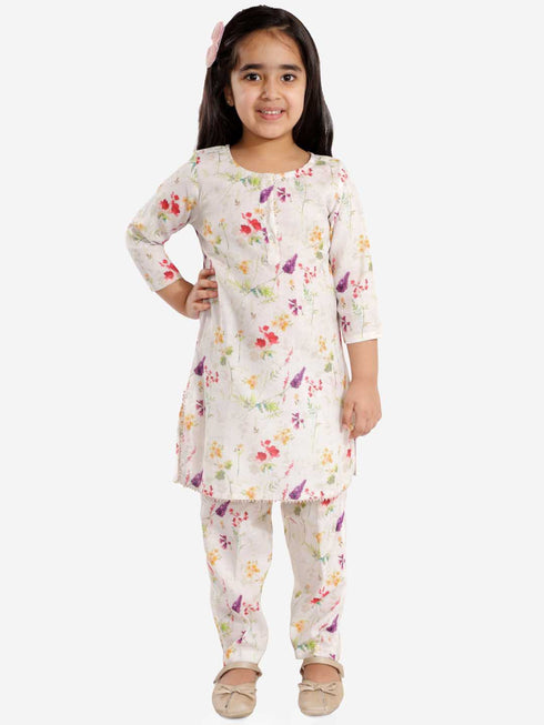 Girl's' Multicolor-Base Cream Kurta Pant Set