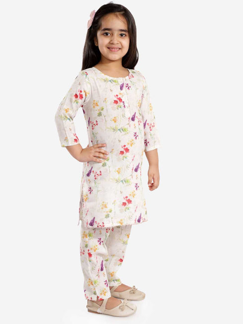 Girl's' Multicolor-Base Cream Kurta Pant Set