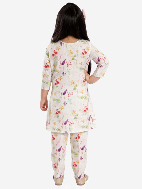 Girl's' Multicolor-Base Cream Kurta Pant Set