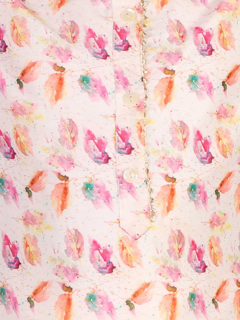 Girl's' White Floral Printed Linen Kurta And Cream Patiala Set