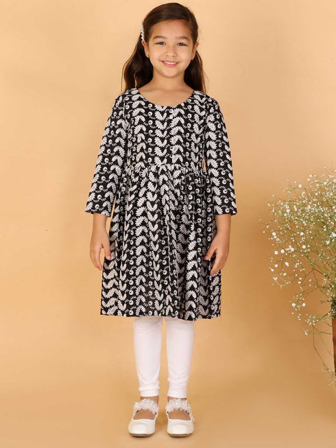 Girl's Black Pure Cotton Chikankari Kurta With Leggings