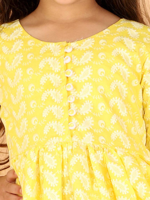 Girl's Yellow Pure Cotton Chikankari Kurta With Leggings