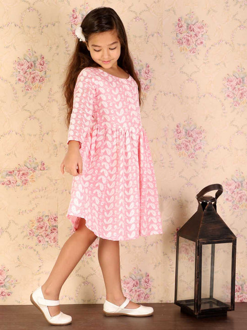 Girl's Pink Pure Cotton Chikankari Kurta