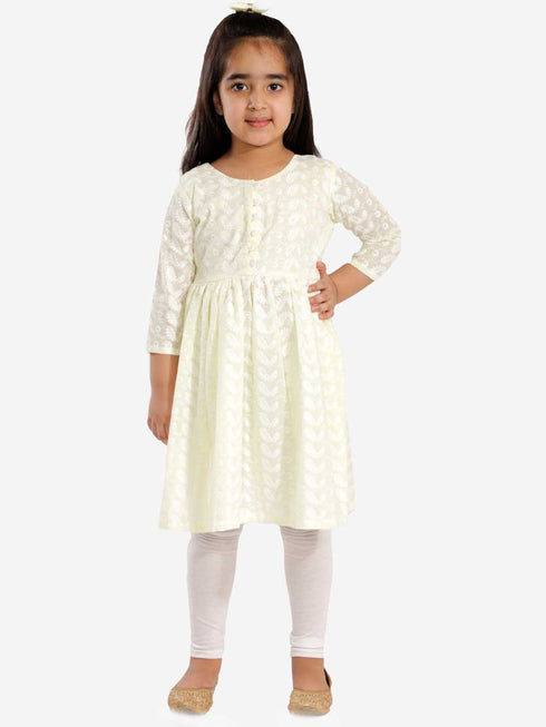 Girl's' Yellow Pure Cotton Chikankari Kurta With Leggings