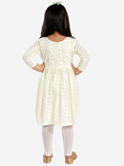 Girl's' Yellow Pure Cotton Chikankari Kurta With Leggings
