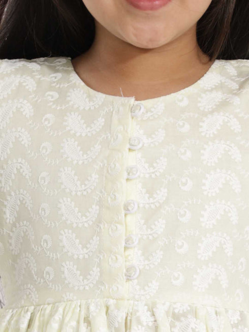 Girl's' Yellow Pure Cotton Chikankari Kurta With Leggings