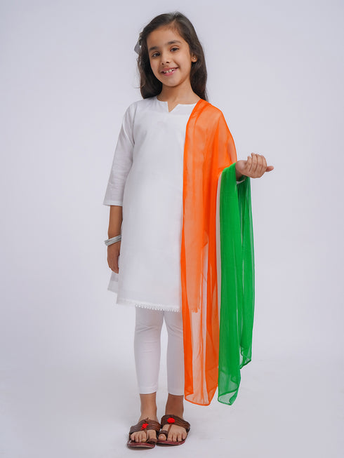 Girl's' White Kurta, Leggings And Dupatta