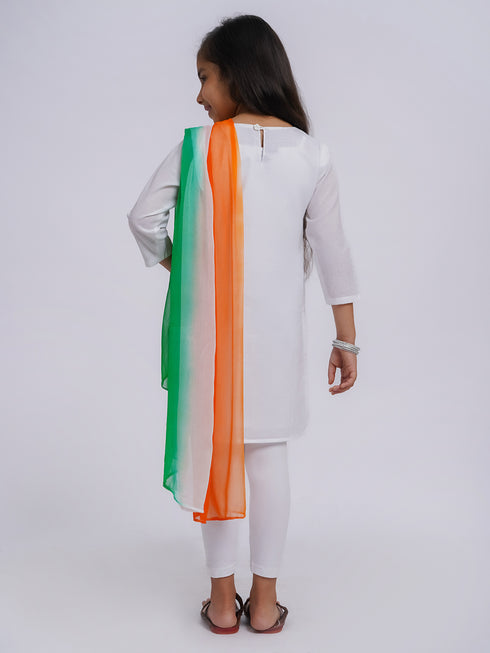 Girl's' White Kurta, Leggings And Dupatta