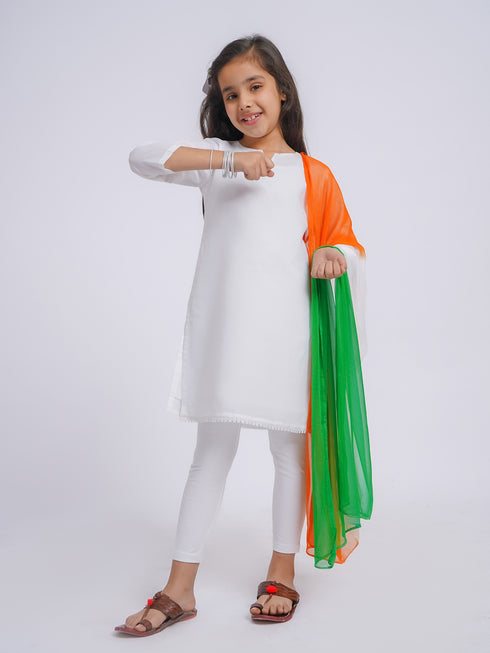 Girl's' White Kurta, Leggings And Dupatta