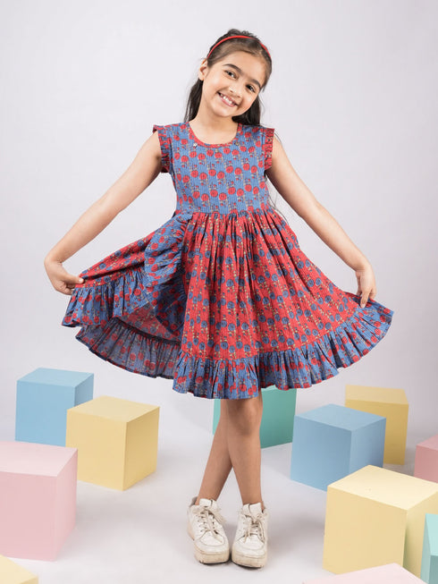 Blue Kantha Work Cotton Dress For Girl's