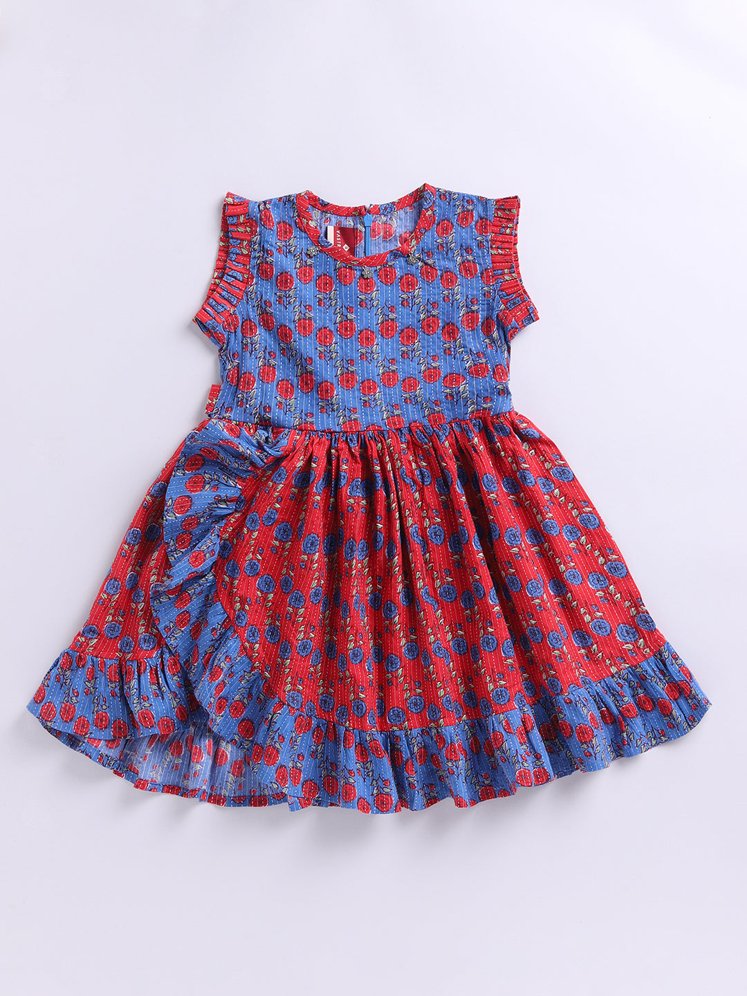 Blue Kantha Work Cotton Dress For Girl's