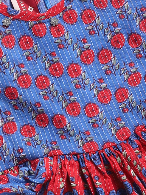 Blue Kantha Work Cotton Dress For Girl's