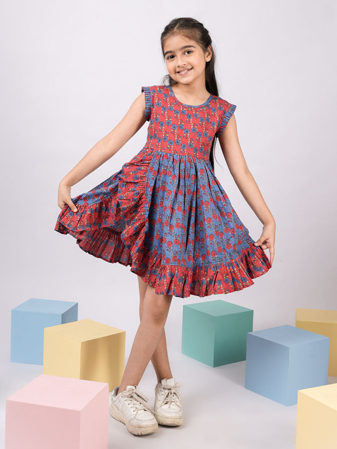 Red Kantha Work Cotton Dress For Girl's