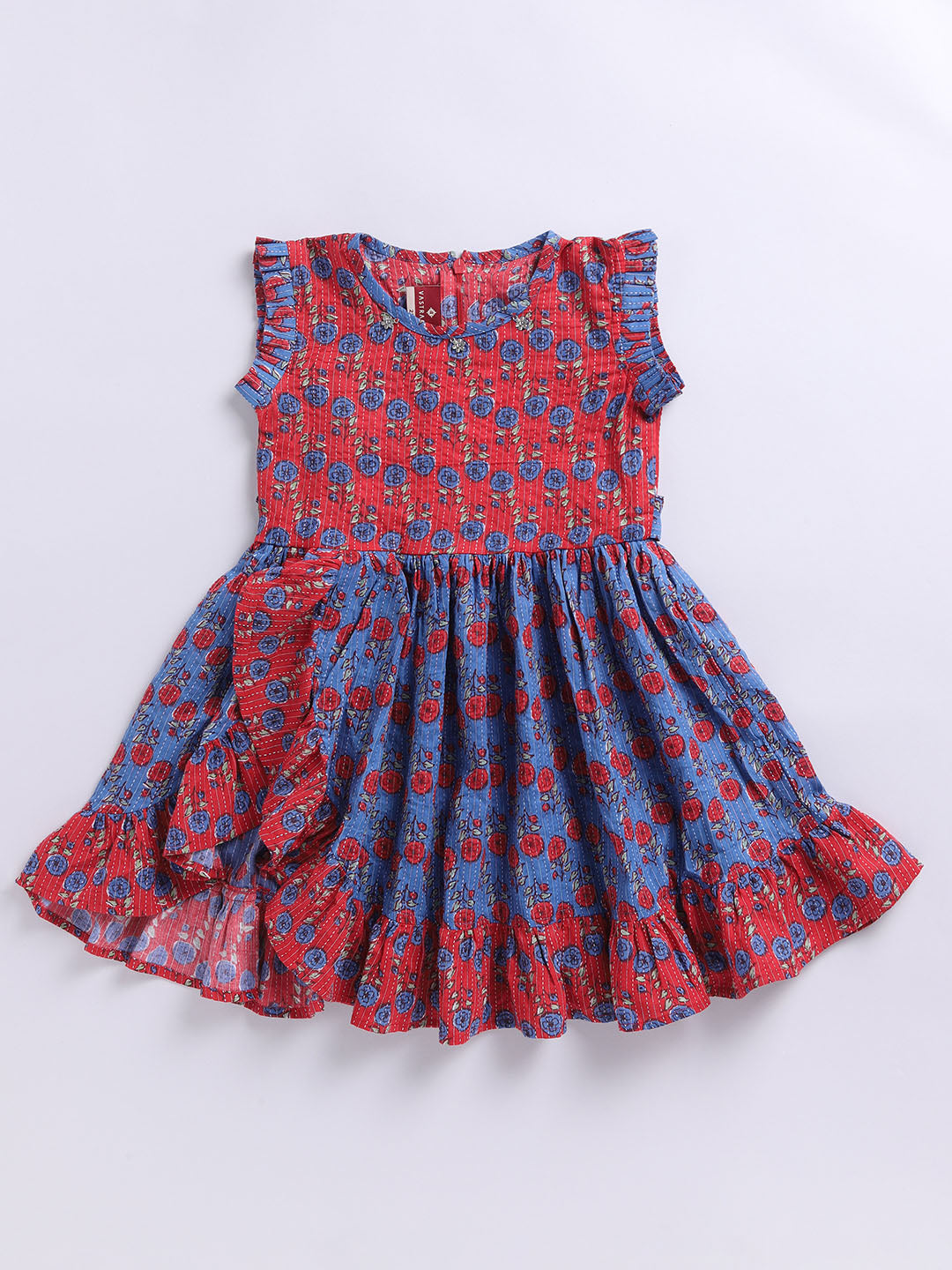 Red Kantha Work Cotton Dress For Girl's