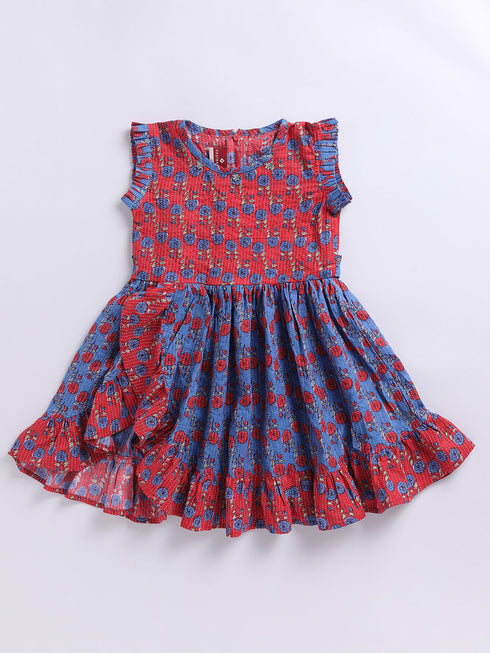 Red Kantha Work Cotton Dress For Girl's