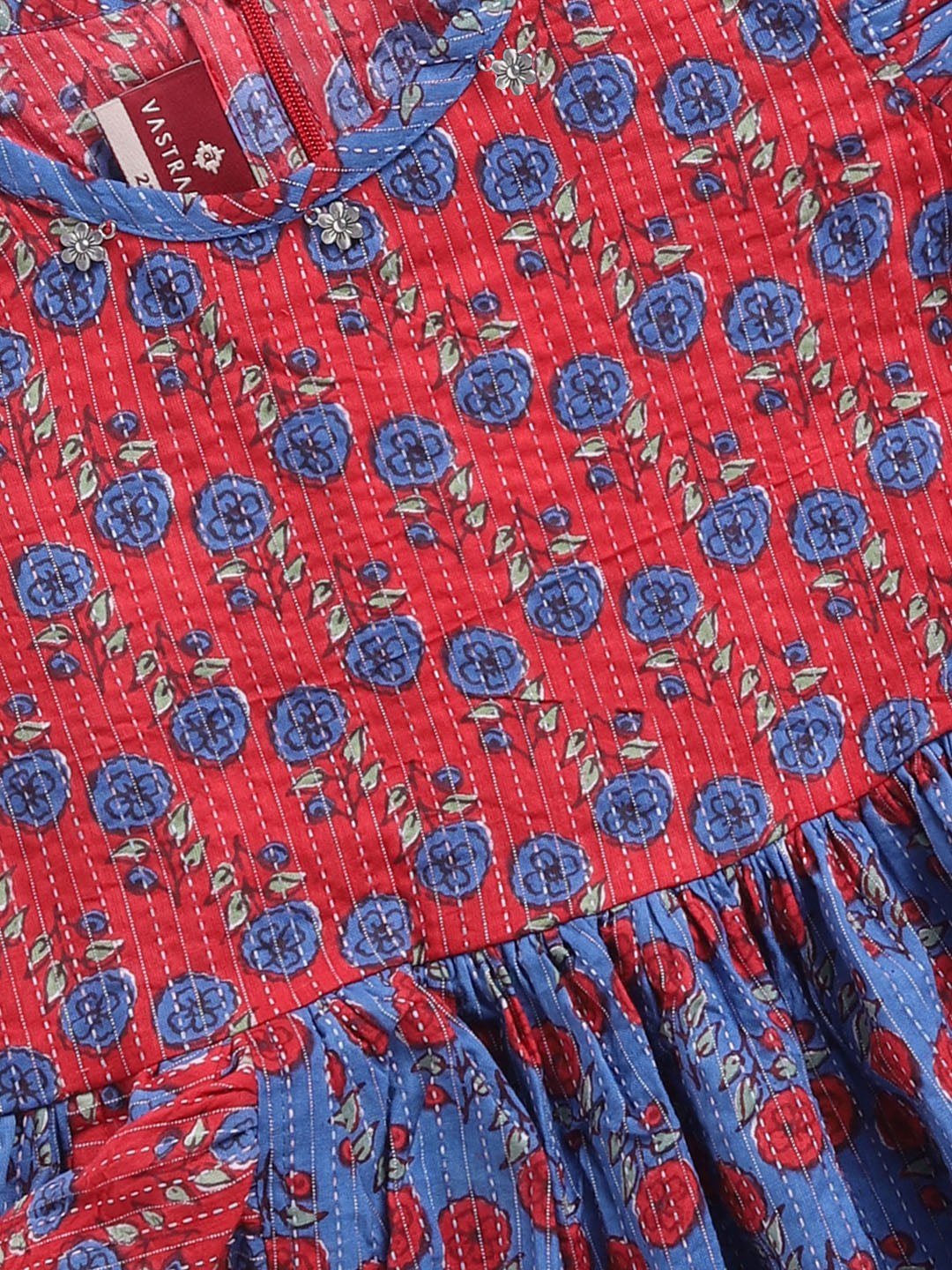 Red Kantha Work Cotton Dress For Girl's