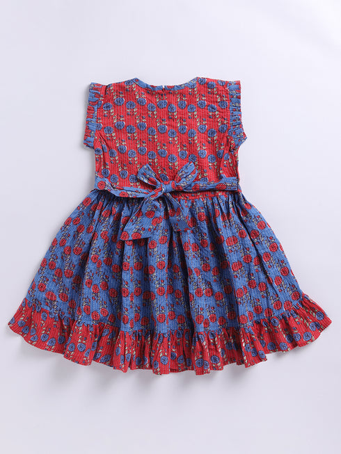Red Kantha Work Cotton Dress For Girl's