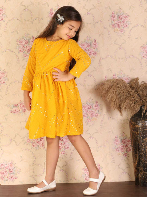 Girl's Yellow Mirror Kurta