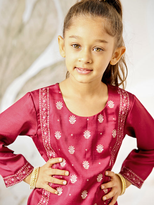 Girl's Wine Silk Kurta - Ethnic Motif Foil Print Collection