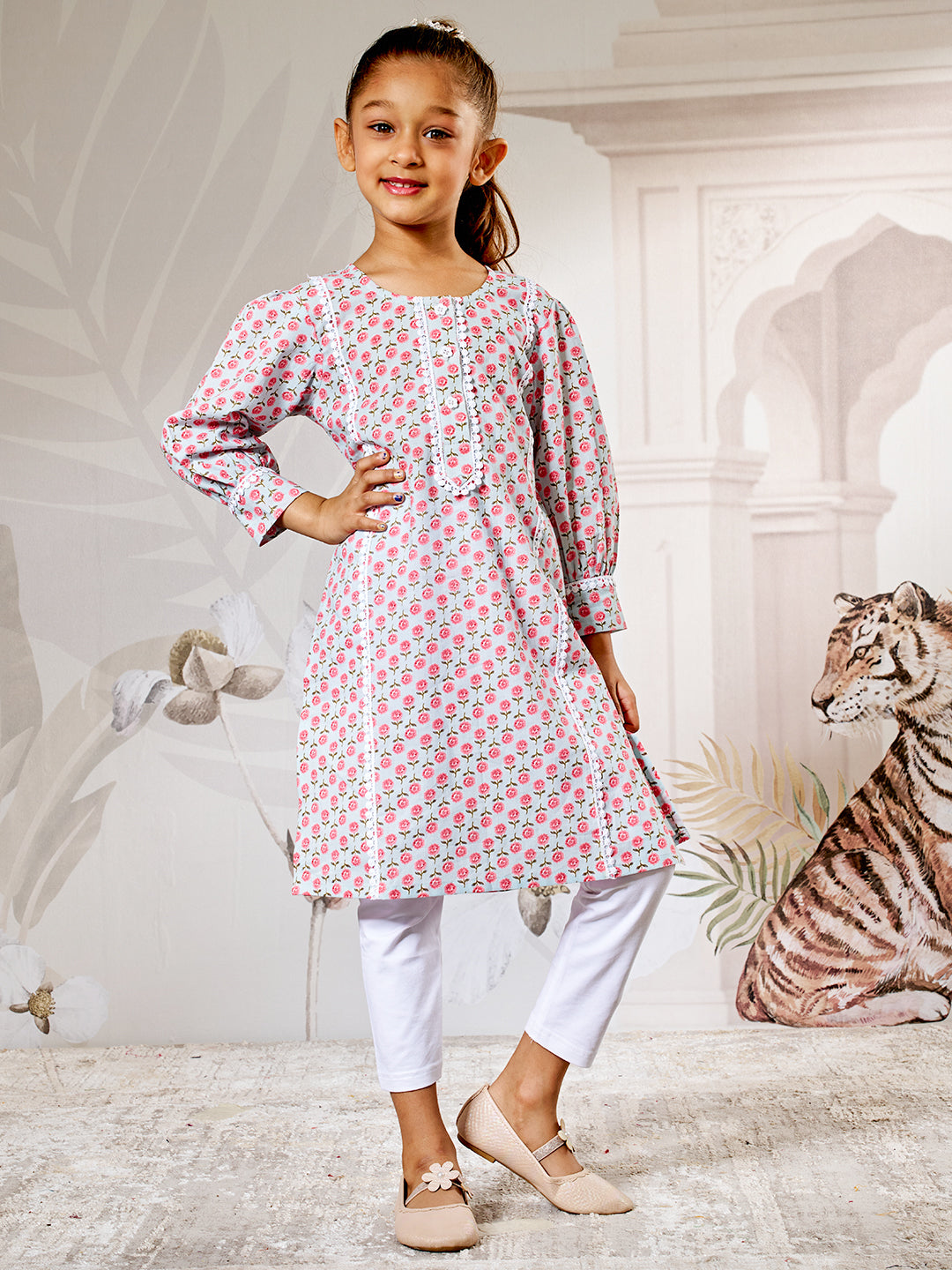 Aqua Floral Print Kurta Set With White Leggings