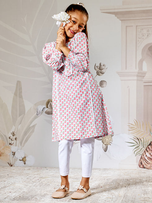 Aqua Floral Print Kurta Set With White Leggings