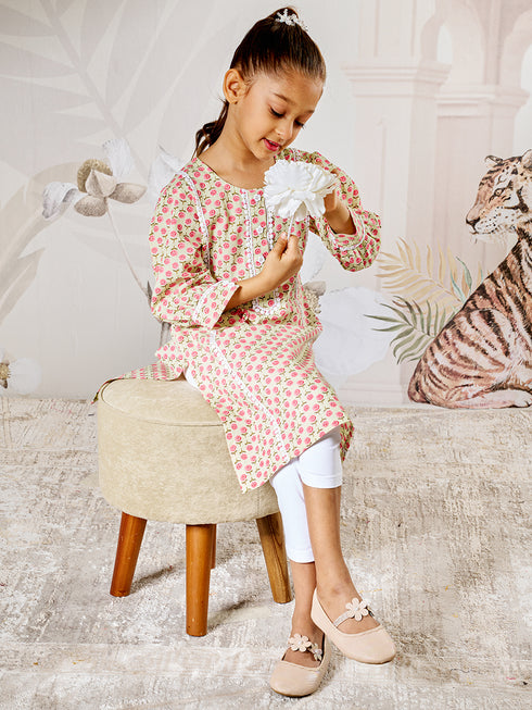 Girl's Mint Green Cotton Kurta With White Leggings