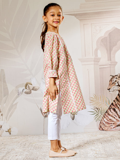 Girl's Mint Green Floral Cotton Kurta Leggings Set