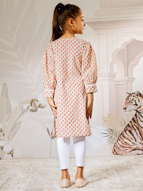 Girl's Mint Green Cotton Kurta With White Leggings