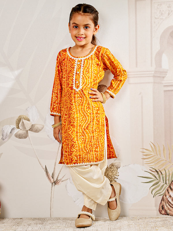 Girl's Mustard Bandhani Kurta Patiala Set