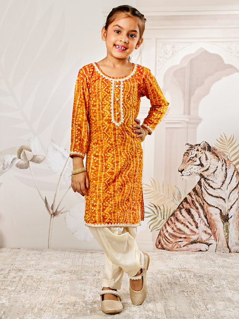 Girl's Mustard Bandhani Kurta Patiala Set