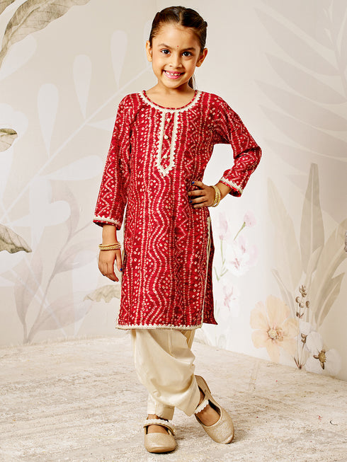 Girl's Red Bandhani Kurta Patiala Set