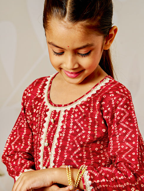 Girl's Red Bandhani Kurta Patiala Set
