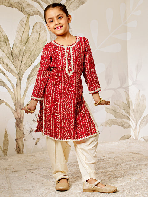 Girl's Red Bandhani Kurta Patiala Set