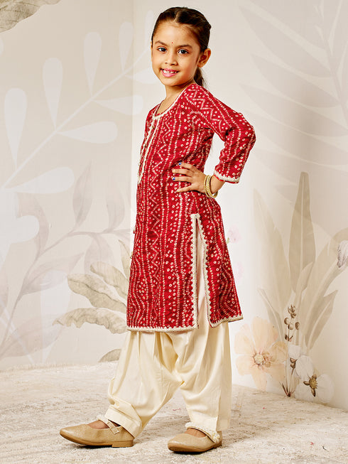 Girl's Red Bandhani Kurta Patiala Set