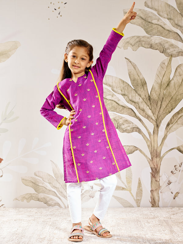 Girl's Purple Cotton Kurta Leggings Set