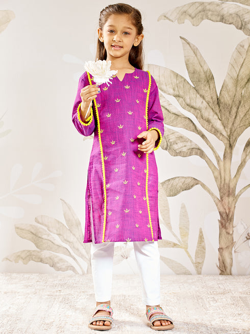 Girl's Purple Cotton Kurta Leggings Set