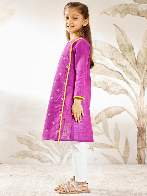 Girl's Purple Cotton Kurta Leggings Set