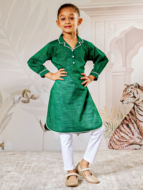 Girl's Green Cotton Kurta Leggings Set