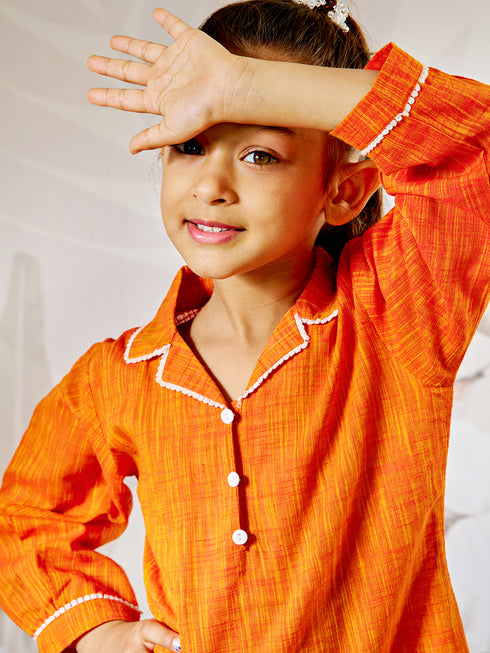 Girl's Orange Cotton Kurta Leggings Set