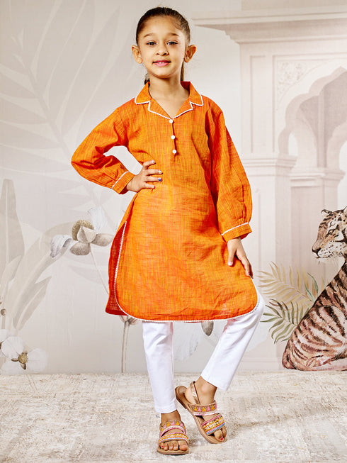Girl's Orange Cotton Kurta Leggings Set