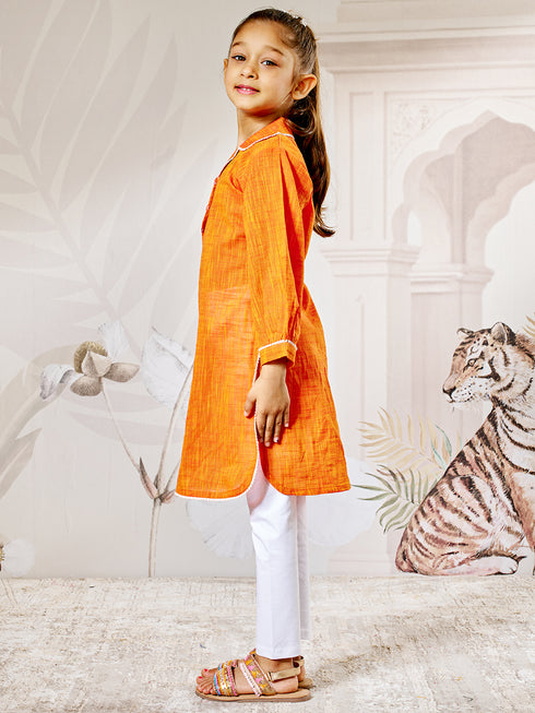 Girl's Orange Cotton Kurta Leggings Set
