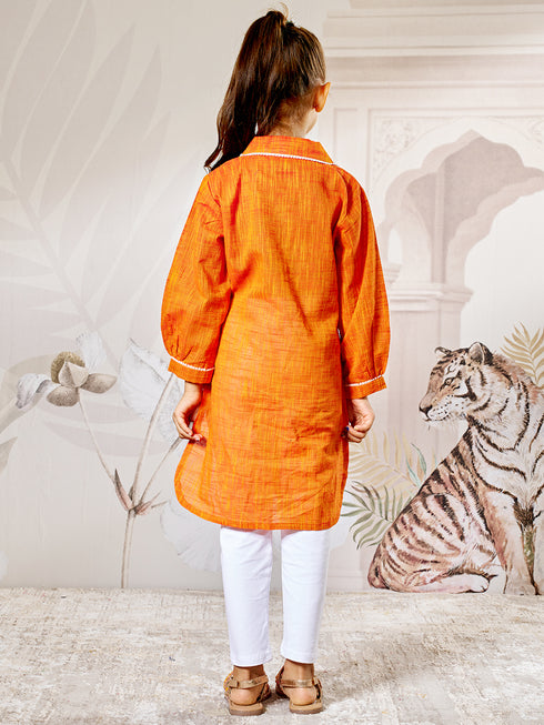 Girl's Orange Cotton Kurta Leggings Set