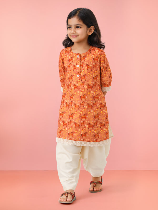 Girls' Peach Cotton Animal Print Kurta with Pakistani Salwar Set - Three Quarter Sleeves Festive Ethnic Wear