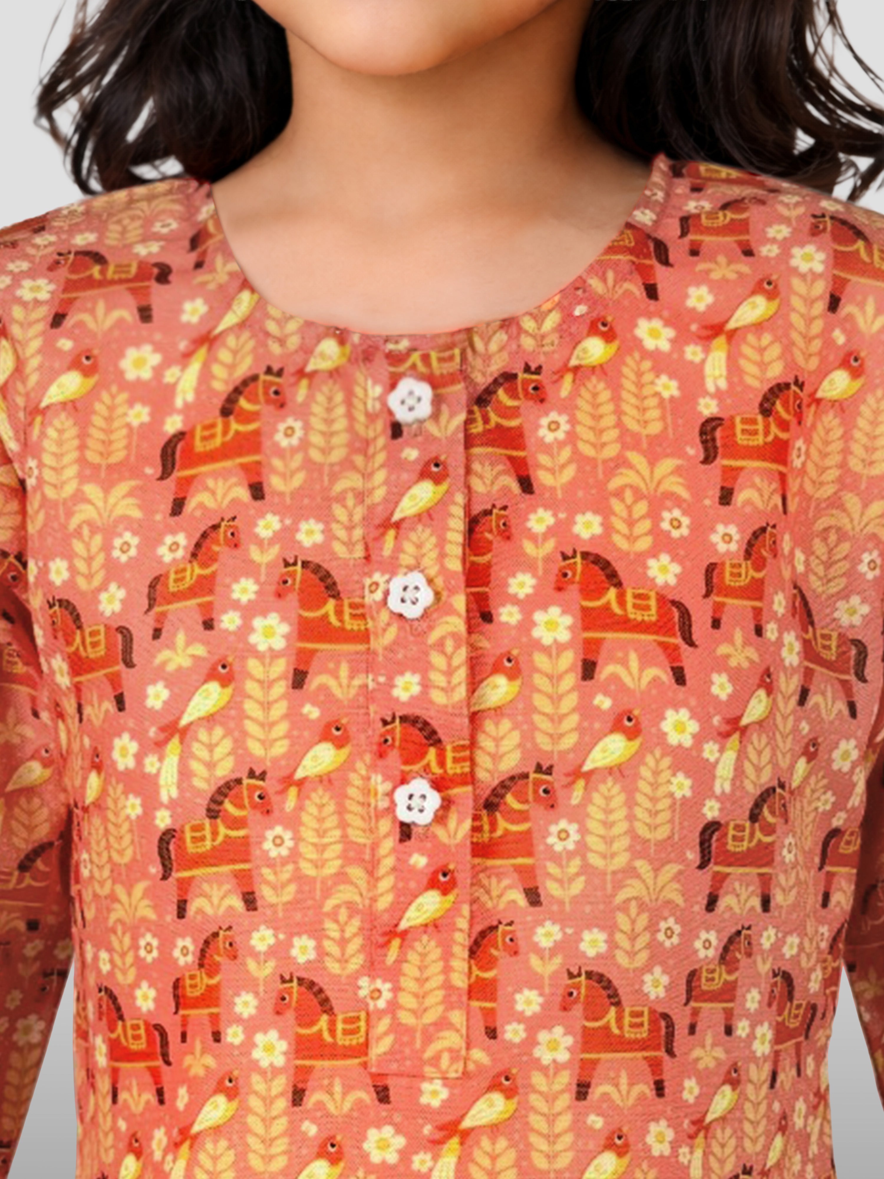 Girls' Peach Cotton Animal Print Kurta with Pakistani Salwar Set - Three Quarter Sleeves Festive Ethnic Wear
